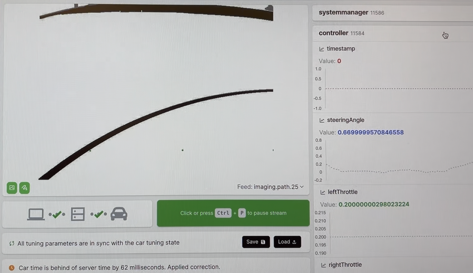 The ASE debugger in action, showing the camera livestream, connection status, timestamp and controller charts