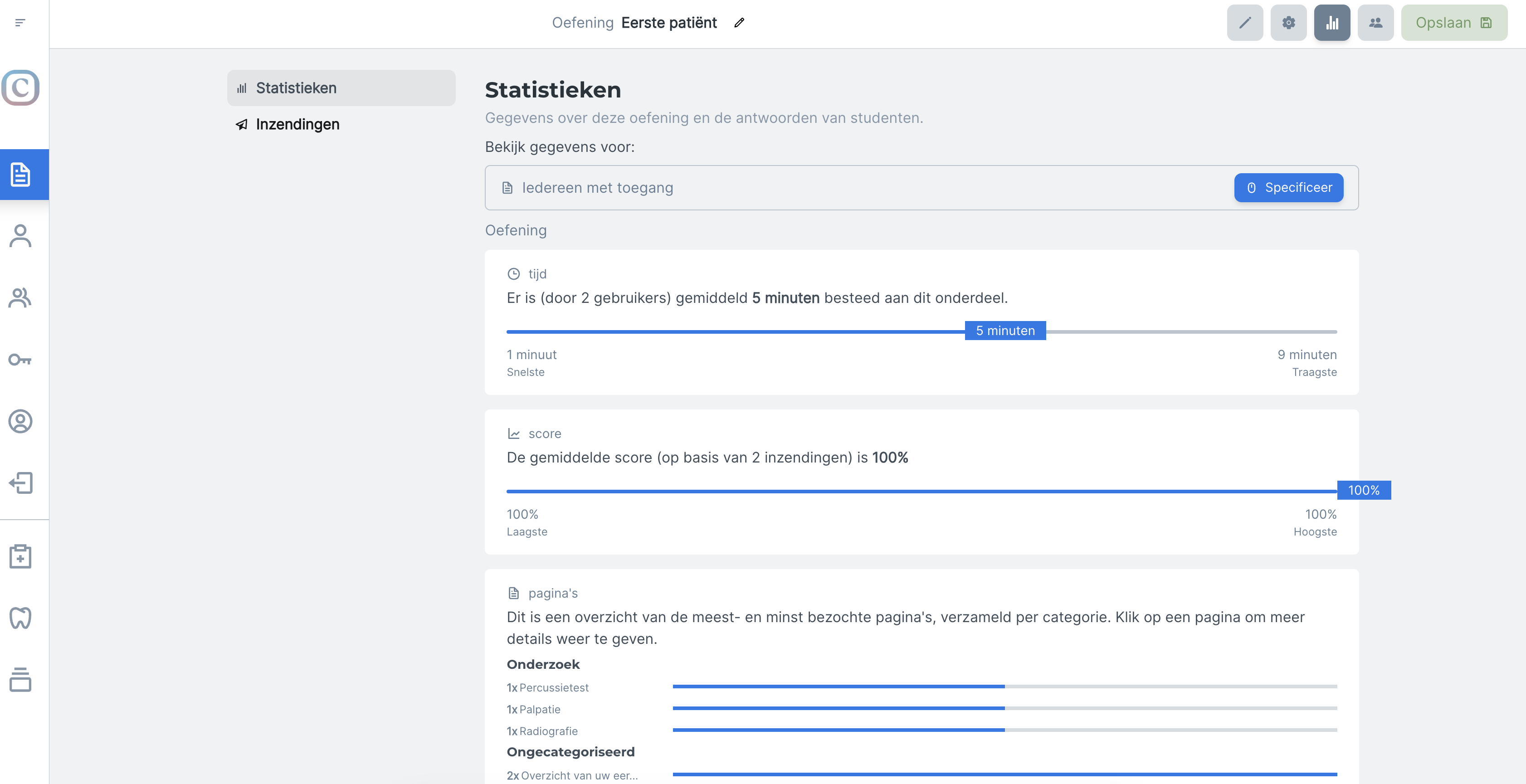 The statistics overview in Cadens, accessible to teachers. Showing average taken time and scoring per exercise or per exercise page