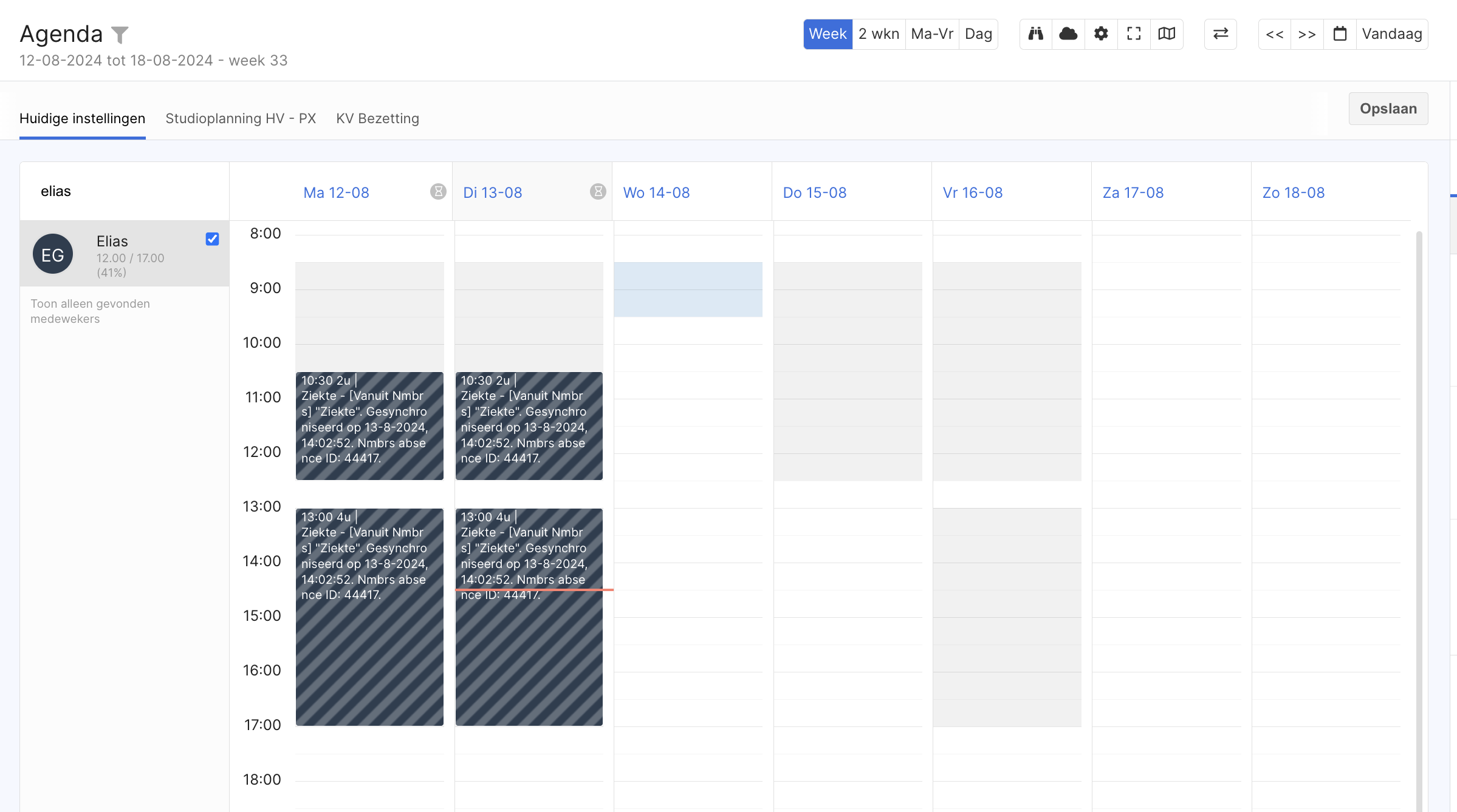 The calendar in Gripp, after synchronization with Nmbrs